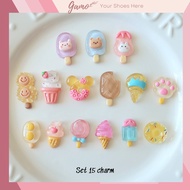 Set of 15 Stickers, 3D Charms with hard plastic Summer Cream theme attached to Cross Sandals, Sandal