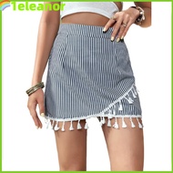 Cab Women Wrap Skort Shorts Summer Trendy Striped Printing A-line Skirt Elegant Tassel Trim Casual Short Skirts