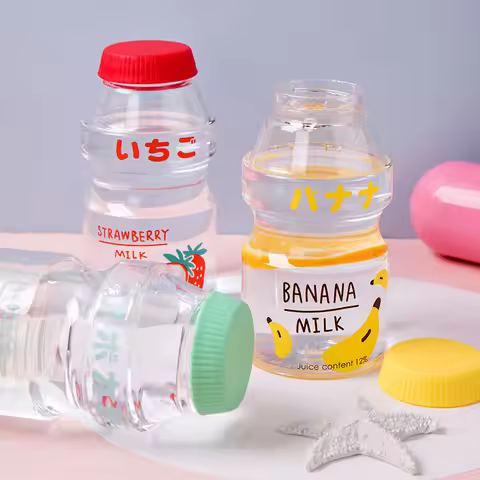480ml Kawaii Plastic Water Bottle With Cup Strap Drinking Bottle Yakult Shape Cute Milk Carton Shake