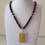 Thai Amulet Accessories: Onyx Beads Thai Amulet Necklace With 1 Thai Longya Hook