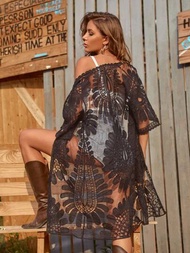 Kimono de malla con bordado , Alberca Pareo Salida De Playa Vestido Elegante Mujer Bikini Pareos De Playa Moda Kimono De Malla, Talla grande Kimono con hombros caídos