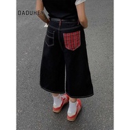 DaDuHey American vintage washed black and red plaid patchwork high-waisted loose drapey wide-leg 7-m