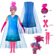 Girls Poppy Dress Cosplay Costume Christmas Carnival Trolls and Wig Baby Girls Children Princess Par