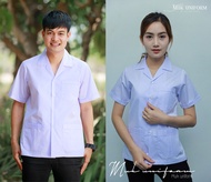 เสื้อกาวน์ size 32-50 เสื้อกาวน์ขาว เสื้อกาวน์สั้น เสื้อกาวน์คอปก ผ้าคอมทวิว ไม่มีโลโก้ มุกยูนิฟอร์ม Mukuniform