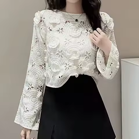 Women Crochet Top Long Sleeve Knit Floral Appliques Sheer Crochet Cover Up Blouse Summer Spring Boho