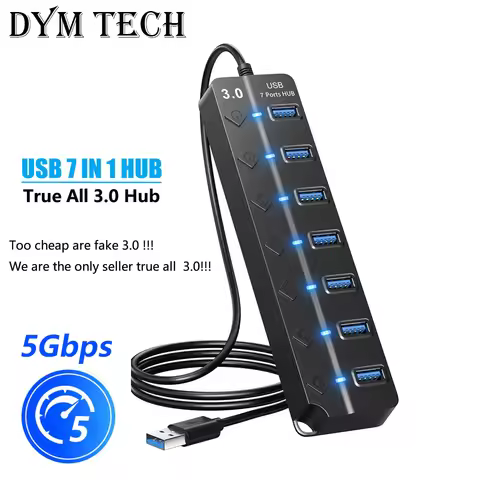 USB Hub 3.0 Multiprise USB High Speed Splitter 7 Port 5Gbps Hub Power Adapter with Switch Long Cable