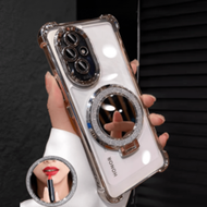 เคสโทรศัพท์สีเงินใสชุบไฟฟ้าหรูหรา พร้อมห่วงคล้องและขาตั้งแม่เหล็ก, กันกระแทก, กระจกแต่งหน้าในตัว, คร