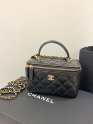Chanel 包包 黑色 羊皮 handle vanity box 長盒子 小盒子 有鏡 有單