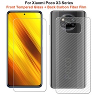 For Xiaomi Poco X3 NFC / Pro 6.67" 1 Set = Back Rear Carbon Fiber Film Sticker + Clear Front Clear Tempered Glass Screen Protector Guard