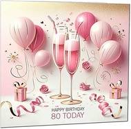 80th Birthday Card Womens Pink Fizz Design - Elegant Pink & Gold Birthday Card for 80 Year old ladie