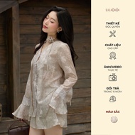 [KOL] LiLiQi By LeeGi Rose Designed Silk Shirt Set with Ruffled Sleeves and Pants (Free Flower Choke