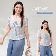 plus size blouse top for women XL-5XL big size shirt for lady blue plaid shirts top 24PS850