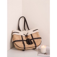 HIATUS Retro Bamboo Tassel Plush Tote Bag Literary Casual Lamb Wool Weaving Contrast Color Large Cap