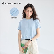 GIORDANO Women T-Shirts 100% Cotton Embroidery Seam Tee Lightweight Crewneck Bud Short Sleeve Fashio
