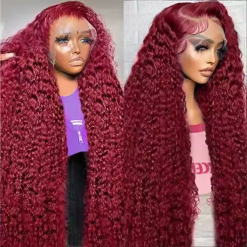 100% Human Hair Deep Wave 99J Burgundy 13x4 Lace Frontal Wig 13x6 Curly 40 46 Inch HD Lace Front Wig