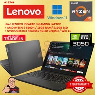 #1574 USED LENOVO IDEAPAD GAMING LAPTOP RYZEN 5-5600H 16G 512SSD RTX3050 RTX 3050 4G 1 YEAR WARRANTY