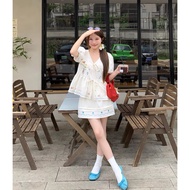 [4477] Cream Shirt Set + Short Skirt