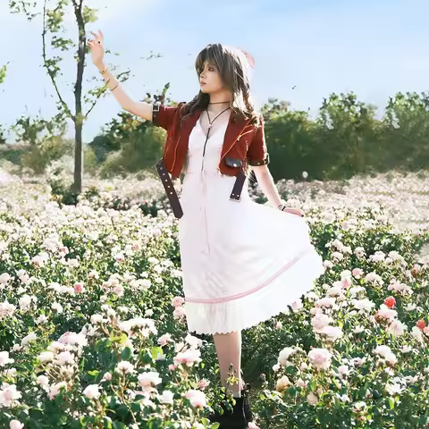 Fantasy VII Cosplay Game FF7 Aerith Gainsborough Cosplay Costume Aerith Coat and Dress Full Set Hall