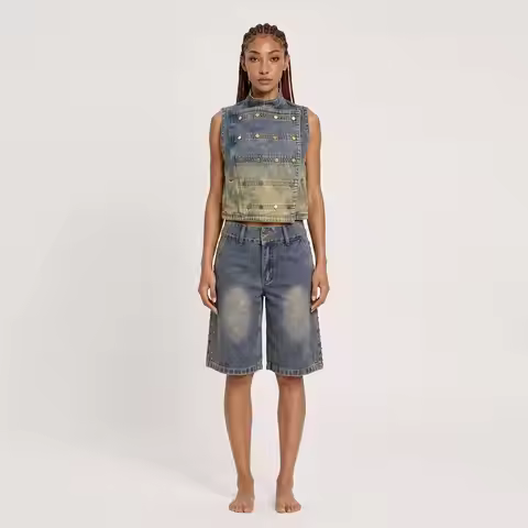 Women Vintage Washed Denim 2 Piece Outfit Stand Collar Metal Button Sleeveless Vest + Rivet Knee‑Len