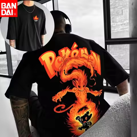 Pokemon Chimchar Infernape Evolution Print T Shirt Men 2026 Summer Black Oversized Tee Anime Streetw