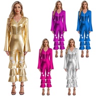 iiniim Women 70s 80s Disco Outfit One Piece Long Sleeve Flared Jumpsuit Disco Costume Sparkle Retro 