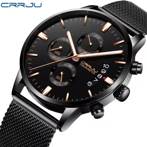 CRRJU New Men's Calander Waterproof Sport WristWatch with Milan strap Army Chronograph Quartz Heavy