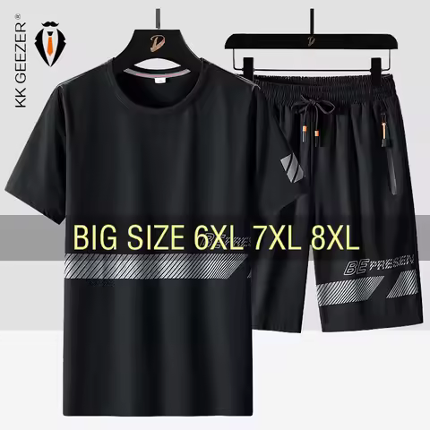 Men T Shirt Suit Shorts Tshirt Set Oversize 6XL 7XL 8XL Plus Size Short Sleeve Black T-shirts Summer