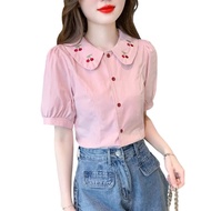 Áo sơ mi nữ thêu hình cherrry cổ tròn tay ngắn thời trang Gloria shop
