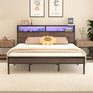 LED Bed Frame FullQueen King with Wooden Storage Headboard and Charging Station