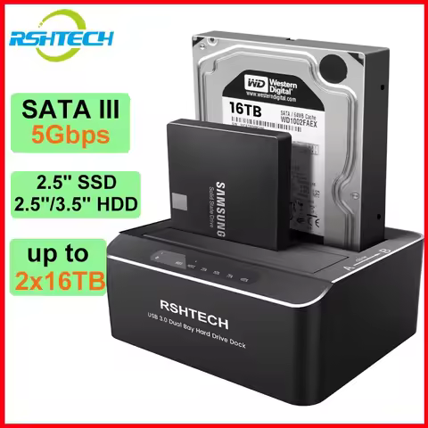 RSHTECH Hard Drive Docking Station Aluminum Dual Bay for 2.5/3.5 Inch SATA I/II/III HDD SSD Support 