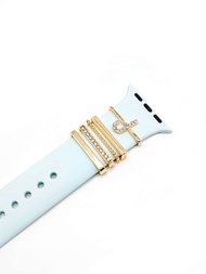 5入組 'j' 英文字母金屬鑲鉆飾環,適用於蘋果手錶帶 / 三星galaxy手錶帶 / 手環。鑲鉆智慧手錶裝飾釦扣。手鐲腕帶附件