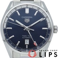 二手 TAG Heuer Carrera Calibre 7 雙時區日期顯示 WBN201A.BA0640，不鏽鋼男士腕錶，藍色，拋光，狀況極佳，附帶錶盒和保固卡。