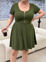 SHEIN Essnce 大尺碼女士夏季休閒假期復活節短袖綠色運動裙,夏季裝扮,可愛夏季連衣裙,短裙