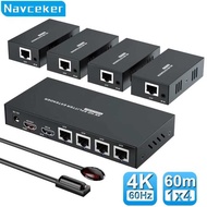 Navceker 4K 60Hz Splitter 1x4 3D HDMI RJ45 Extender 60m Ethernet Transmission Over CAT5e/6/7 4 Chann