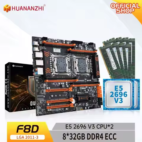 HUANANZHI X99 F8D LGA 2011-3 XEON X99 Motherboard with Intel E5 2696 V3*2 with 8*32GB DDR4 RECC memo