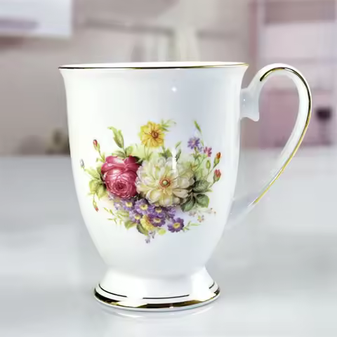 Bone China Coffee Mug Pastoral Household Fine Ceramic Breakfast Milk Cup Fashion Floral Goblet for T