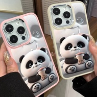 Cute Milk Tea Panda Cute Phone Case Compatible for IPhone 11 12 13 Pro 14 15 7 8 Plus SE 2020 XR X XS Max Metal Large Aperture Lens Protection Tpu Soft Case Shockproof