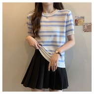 Women womencinchedsilkthintopcodlacestripedwaistelastic2026summerhollowshortknittedshortsleeveunique