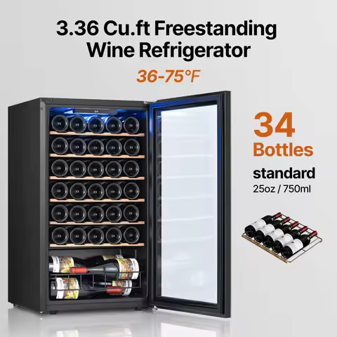 34 Bottle 95L Wine Cooler Refrigerator Quiet Freestanding Wine Fridge for Home/Office