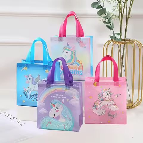 3pcs Rainbow Unicorn Party Gift Bags - Non-Woven Tote Bags for Kid's Birthday Baby Shower Unicorn Th