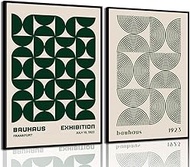 2Pcs Bauhaus Mid Century Modern Wall Art Retro Exhibition Posters Prints Green Boho Geometric Abstra