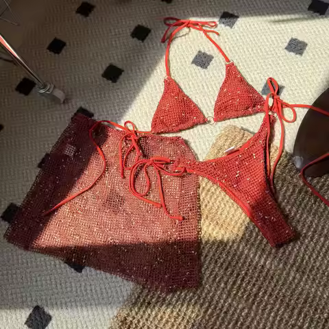 2025 New Halter Strappy Hollow Out Skirt Bikini Female Swimsuit Women Swimwear 3 pieces Bikini set