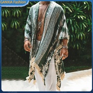 Men Casual Cape Fringed Edge Cloak Mens Irregular Print Beach Cloak with Fringe Edges Reversible Cap