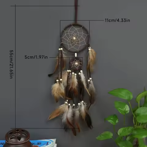1Pc Wind Chime Dream Catcher with Light Indian Dream Catcher with Brown Feathers Wall Hanging Dream