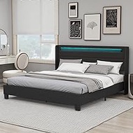 alazyhome King Size Bed Frame with LED Lights and Linen Upholstered Headboard, Wooden Slats Support Platform Bed, Strong Weight Capacity, Non-Slip and Noise-Free, Easy Assembly, Black