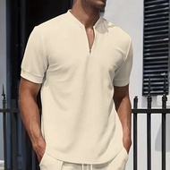 Men Polo Shirt Short-Sleeved T-Shirt Henry Shirt Men Waffle V-Neck Solid Color Half-Zipper polo Shir