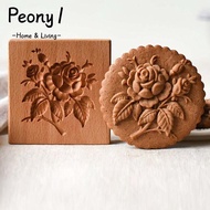 PEONY1 Cookie Stamp, Wood 3.54*3.54*0.98 Inch Rose Cookie Mold, Non-stick Wooden Mold Biscuit Press 