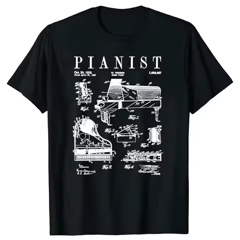 Grand Piano Old Vintage Patent Pianist Drawing T Shirts Summer Cotton Streetwear Short Sleeve Musica