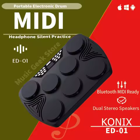 KONIX ED01 Portable Drum – Velocity Pads, BT MIDI, Dual Speakers, LED Lights, USB Charging, 2-in-1 M