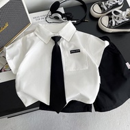 Boy Baby Set Children Korean Handsome Boy Tie Striped Short-Sleeved Two-Piece Set #3.2